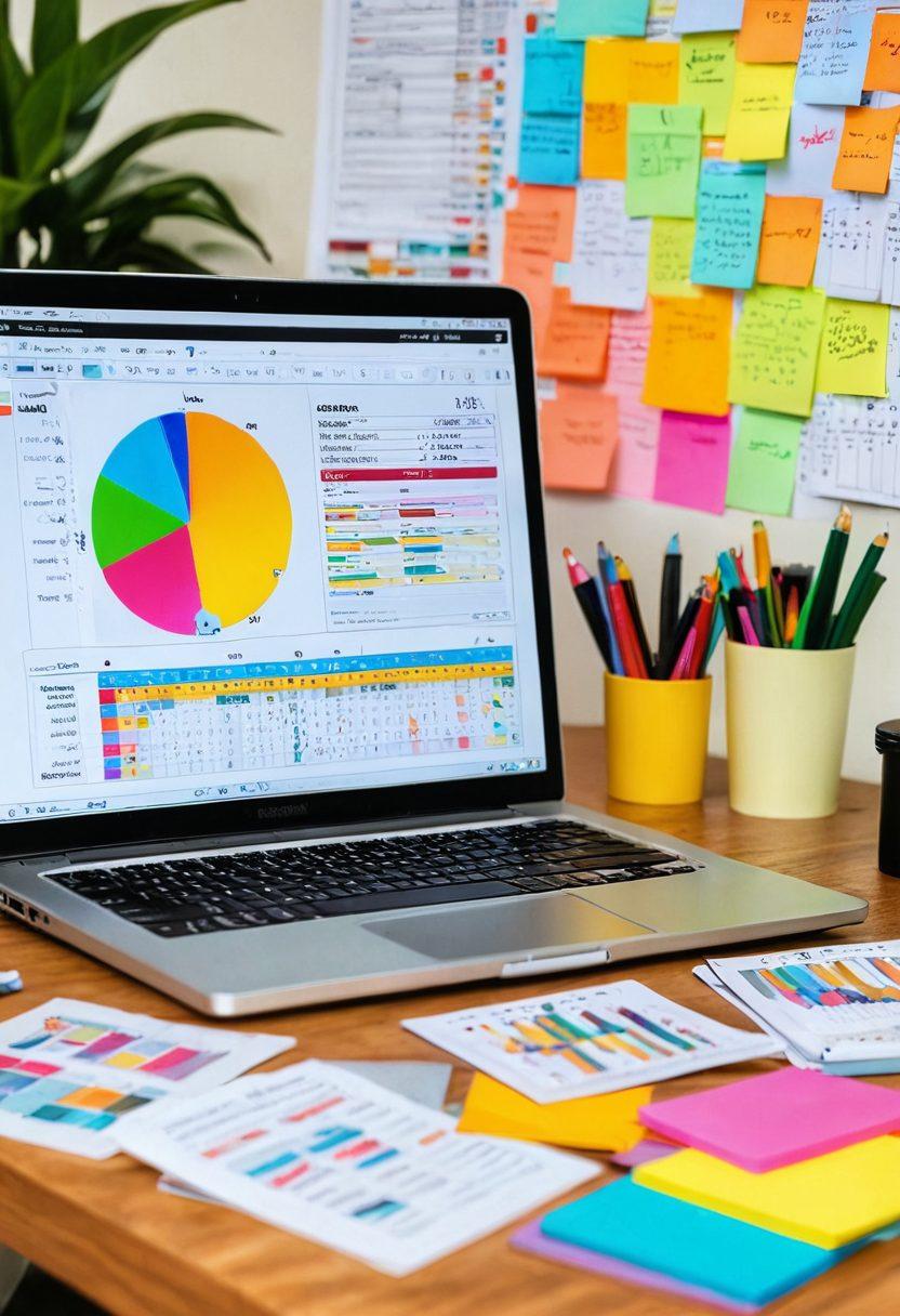 An organized workspace featuring a laptop displaying budget spreadsheets, surrounded by colorful sticky notes and financial books. A hand is shown calculating with a calculator, while a graph of rising wealth is illustrated in the background. The atmosphere conveys a sense of productivity and clarity. super-realistic. vibrant colors. soft focus.