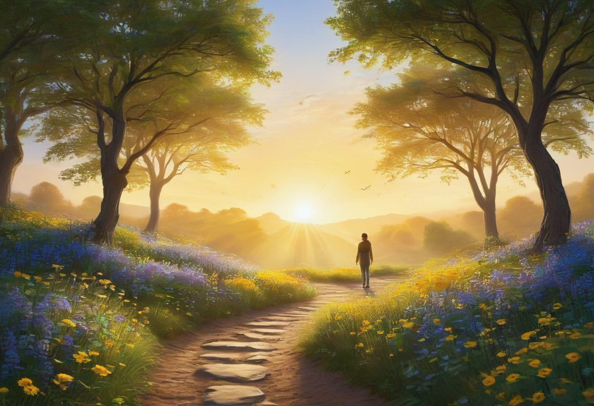 A serene landscape featuring a person standing confidently on a path lined with flourishing trees, symbolizing growth and recovery. In one hand, they hold a broken chain, representing freedom from debt, while the other hand reaches towards a bright horizon. Soft, uplifting colors dominate the scene, evoking a sense of hope and resilience. Include elements like a floating dollar sign and a radiant sun rising in the background to signify financial wellness. super-realistic. vibrant colors. nature-inspired.