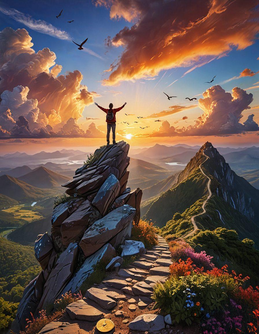 A serene landscape depicting a person standing on a mountaintop, arms raised in victory against a sunset backdrop, symbolizing debt freedom. In the foreground, a winding path represents the journey to financial independence, with visual elements like coins and budgeting tools scattered along the way. Soft clouds and birds in the sky add a sense of tranquility and hope. vibrant colors. painting.